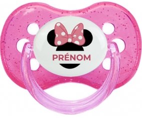 Disney Minnie Oreilles noires Nœud rose pois blancs avec prénom : Rose à paillette Tétine embout cerise