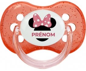 Disney Minnie Oreilles noires Nœud rose pois blancs avec prénom : Rouge à paillette Tétine embout cerise