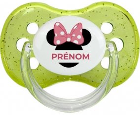 Disney Minnie Oreilles noires Nœud rose pois blancs avec prénom : Vert à paillette Tétine embout cerise