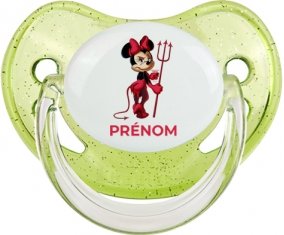 Disney Diablesse Minnie Oreilles noires Nœud rose pois blancs avec prénom : Vert à paillette Tétine embout physiologique