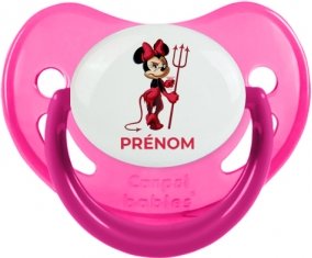 Disney Diablesse Minnie Oreilles noires Nœud rose pois blancs avec prénom : Rose phosphorescente Tétine embout physiologique