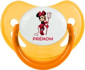 Disney Diablesse Minnie Oreilles noires Nœud rose pois blancs avec prénom : Jaune phosphorescente Tétine embout physiologique