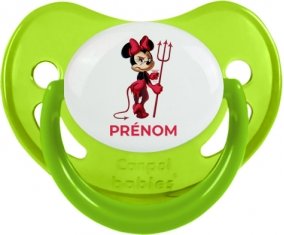 Disney Diablesse Minnie Oreilles noires Nœud rose pois blancs avec prénom : Vert phosphorescente Tétine embout physiologique