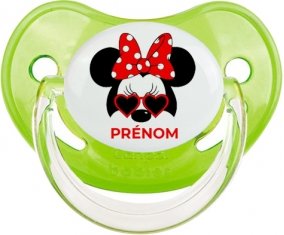 Disney Minnie Nœud rouge pois blancs lunette rouge avec prénom : Vert classique Tétine embout physiologique