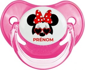 Disney Minnie Nœud rouge pois blancs lunette rouge avec prénom : Rose classique Tétine embout physiologique
