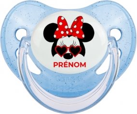 Disney Minnie Nœud rouge pois blancs lunette rouge avec prénom : Bleue à paillette Tétine embout physiologique