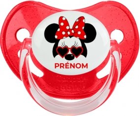 Disney Minnie Nœud rouge pois blancs lunette rouge avec prénom : Rouge à paillette Tétine embout physiologique