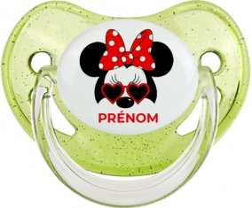 Disney Minnie Nœud rouge pois blancs lunette rouge avec prénom : Vert à paillette Tétine embout physiologique
