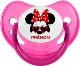 Disney Minnie Nœud rouge pois blancs lunette rouge avec prénom : Rose phosphorescente Tétine embout physiologique