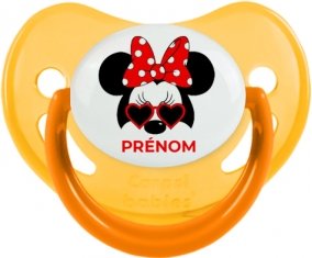 Disney Minnie Nœud rouge pois blancs lunette rouge avec prénom : Jaune phosphorescente Tétine embout physiologique