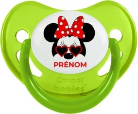 Disney Minnie Nœud rouge pois blancs lunette rouge avec prénom : Vert phosphorescente Tétine embout physiologique