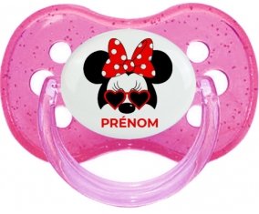Disney Minnie Nœud rouge pois blancs lunette rouge avec prénom : Rose à paillette Tétine embout cerise