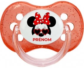 Disney Minnie Nœud rouge pois blancs lunette rouge avec prénom : Rouge à paillette Tétine embout cerise