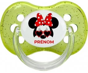Disney Minnie Nœud rouge pois blancs lunette rouge avec prénom : Vert à paillette Tétine embout cerise