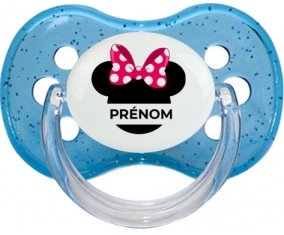 Disney Minnie Nœud rose pois blancs avec prénom : Bleu à paillette Tétine embout cerise