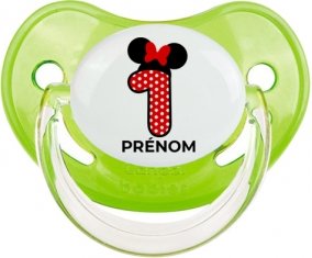 Disney Minnie Numéro 1 rouge pois blancs papillon rouge avec prénom : Vert classique Tétine embout physiologique
