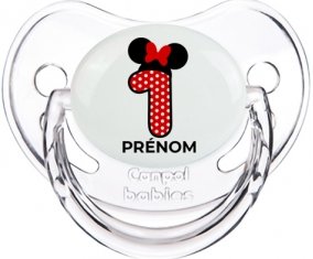Disney Minnie Numéro 1 rouge pois blancs papillon rouge avec prénom : Transparent classique Tétine embout physiologique