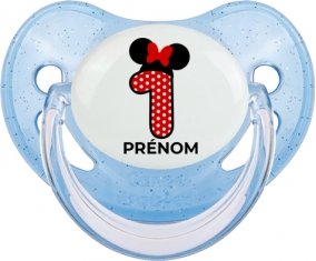 Disney Minnie Numéro 1 rouge pois blancs papillon rouge avec prénom : Bleue à paillette Tétine embout physiologique