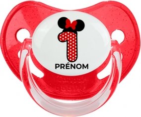 Disney Minnie Numéro 1 rouge pois blancs papillon rouge avec prénom : Rouge à paillette Tétine embout physiologique