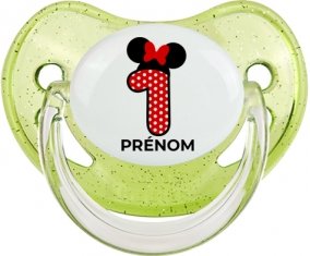 Disney Minnie Numéro 1 rouge pois blancs papillon rouge avec prénom : Vert à paillette Tétine embout physiologique