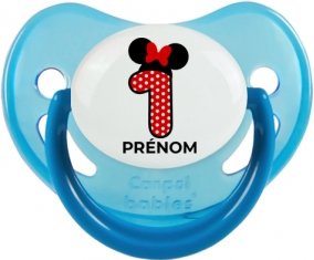 Disney Minnie Numéro 1 rouge pois blancs papillon rouge avec prénom : Bleue phosphorescente Tétine embout physiologique