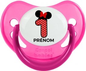 Disney Minnie Numéro 1 rouge pois blancs papillon rouge avec prénom : Rose phosphorescente Tétine embout physiologique