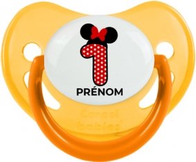Disney Minnie Numéro 1 rouge pois blancs papillon rouge avec prénom : Jaune phosphorescente Tétine embout physiologique