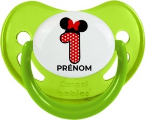 Disney Minnie Numéro 1 rouge pois blancs papillon rouge avec prénom : Vert phosphorescente Tétine embout physiologique