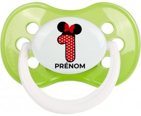 Disney Minnie Numéro 1 rouge pois blancs papillon rouge avec prénom : Vert classique Tétine embout anatomique
