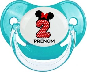 Disney Minnie Numéro 2 rouge pois blancs papillon rouge avec prénom : Sucette Physiologique personnalisée