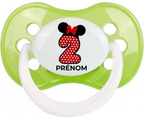 Disney Minnie Numéro 2 rouge pois blancs papillon rouge avec prénom : Vert classique Tétine embout anatomique