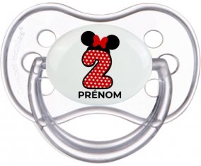 Disney Minnie Numéro 2 rouge pois blancs papillon rouge avec prénom : Transparente classique Tétine embout anatomique