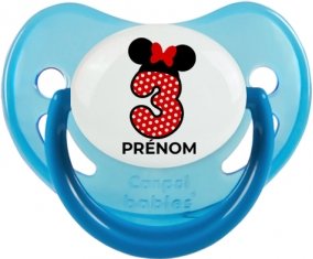 Disney Minnie Numéro 3 rouge pois blancs papillon rouge avec prénom : Bleue phosphorescente Tétine embout physiologique