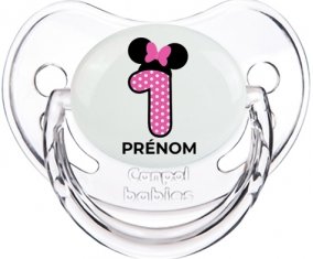 Disney Minnie Numéro 1 rose pois blancs papillon rose avec prénom : Transparent classique Tétine embout physiologique