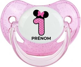 Disney Minnie Numéro 1 rose pois blancs papillon rose avec prénom : Rose à paillette Tétine embout physiologique