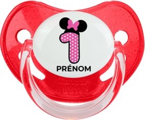 Disney Minnie Numéro 1 rose pois blancs papillon rose avec prénom : Rouge à paillette Tétine embout physiologique