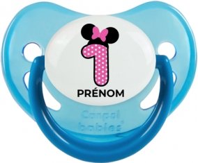 Disney Minnie Numéro 1 rose pois blancs papillon rose avec prénom : Bleue phosphorescente Tétine embout physiologique