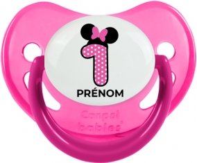 Disney Minnie Numéro 1 rose pois blancs papillon rose avec prénom : Rose phosphorescente Tétine embout physiologique