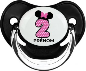 Disney Minnie Numéro 2 rose pois blancs papillon rose avec prénom : Noir classique Tétine embout physiologique