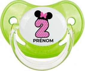 Disney Minnie Numéro 2 rose pois blancs papillon rose avec prénom : Vert classique Tétine embout physiologique
