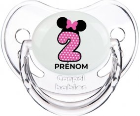 Disney Minnie Numéro 2 rose pois blancs papillon rose avec prénom : Transparent classique Tétine embout physiologique