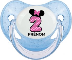 Disney Minnie Numéro 2 rose pois blancs papillon rose avec prénom : Bleue à paillette Tétine embout physiologique