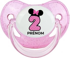 Disney Minnie Numéro 2 rose pois blancs papillon rose avec prénom : Rose à paillette Tétine embout physiologique