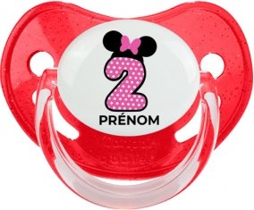 Disney Minnie Numéro 2 rose pois blancs papillon rose avec prénom : Rouge à paillette Tétine embout physiologique