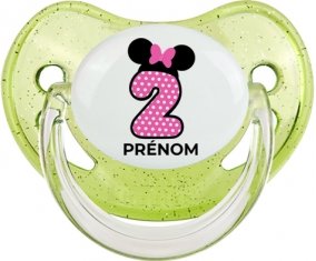 Disney Minnie Numéro 2 rose pois blancs papillon rose avec prénom : Vert à paillette Tétine embout physiologique