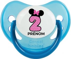 Disney Minnie Numéro 2 rose pois blancs papillon rose avec prénom : Bleue phosphorescente Tétine embout physiologique