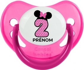 Disney Minnie Numéro 2 rose pois blancs papillon rose avec prénom : Rose phosphorescente Tétine embout physiologique