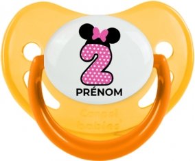 Disney Minnie Numéro 2 rose pois blancs papillon rose avec prénom : Jaune phosphorescente Tétine embout physiologique
