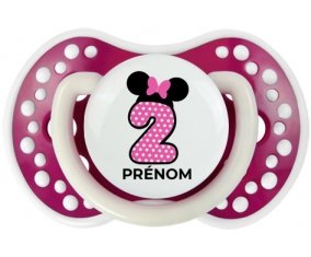 Disney Minnie Numéro 2 rose pois blancs papillon rose avec prénom : Fuchsia phosphorescente Tétine embout Lovi Dynamic