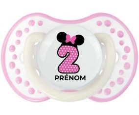 Disney Minnie Numéro 2 rose pois blancs papillon rose avec prénom : Blanc-rose phosphorescente Tétine embout Lovi Dynamic